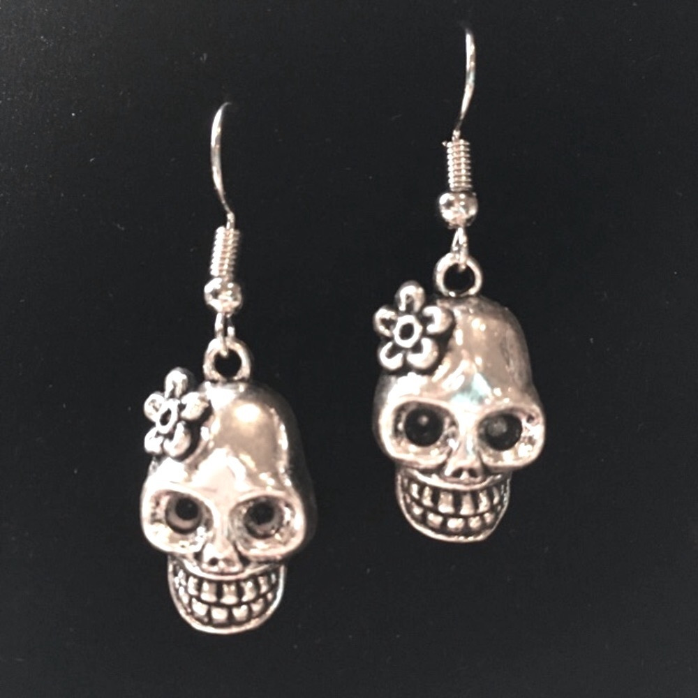 New Silver Sugar Skull Day of the Dead Dangle Earrings Boho Goth Punk Vibes